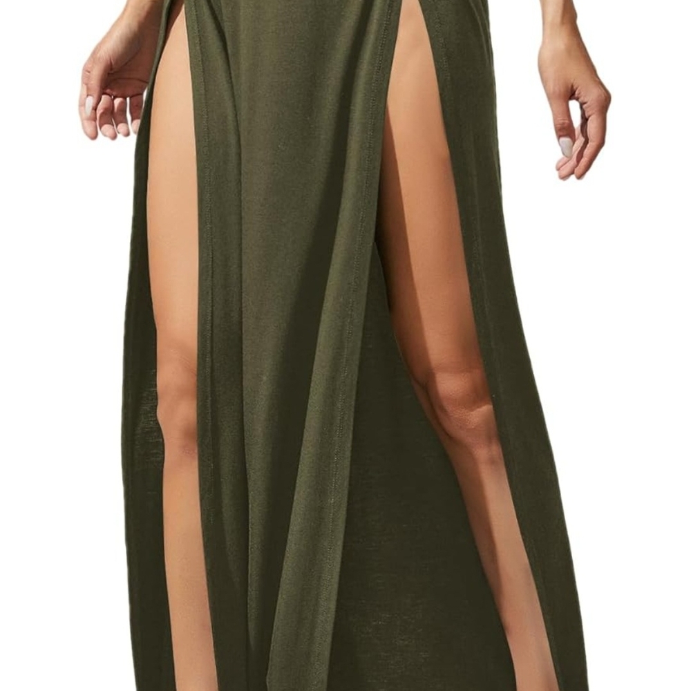 Elegant Olive Maxi Skirt with High Slit - Picture 2 of 3